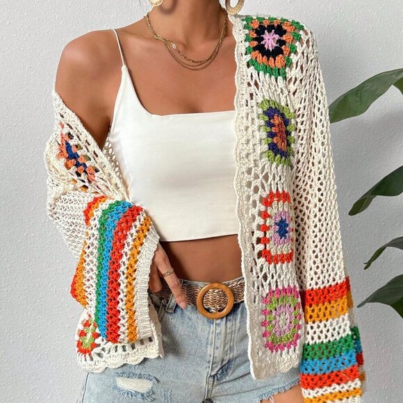 Multicolor Casual Womens Braided Hollow Out Holiday Long Sleeve Open Cardigan - Picture 3 of 6